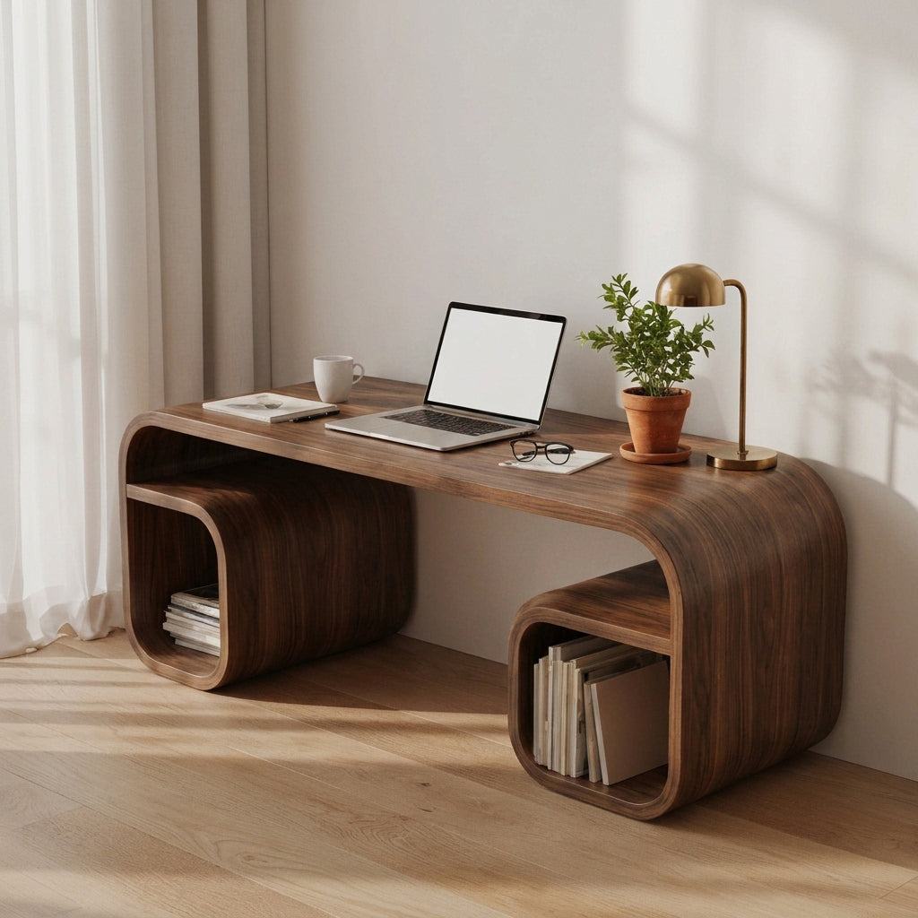 Sculptural Handcrafted Bentwood Bridge Solid Wood Desk & Dual Loop Cubby Writing Table