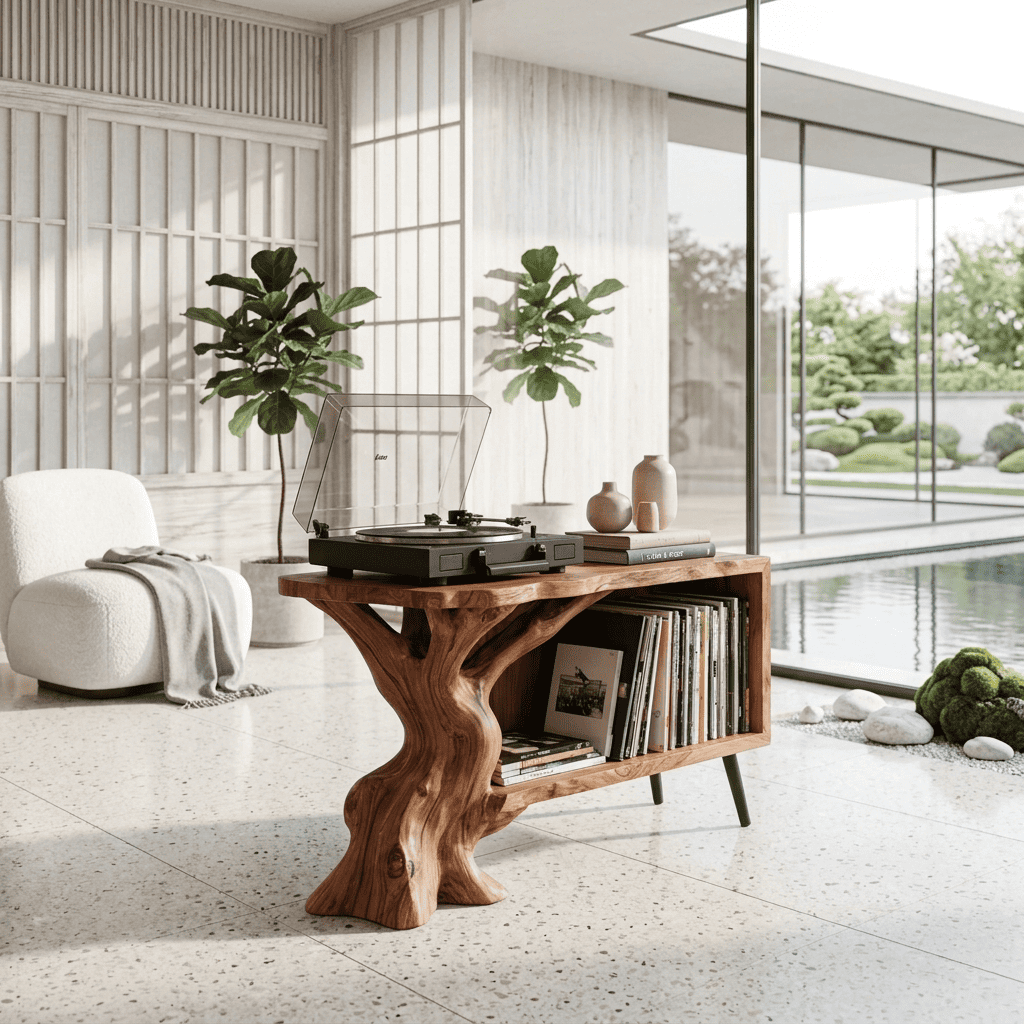 Sculptural Handcrafted Live Edge Tree Trunk Solid Wood Vinyl Record Player Stand & Media Console