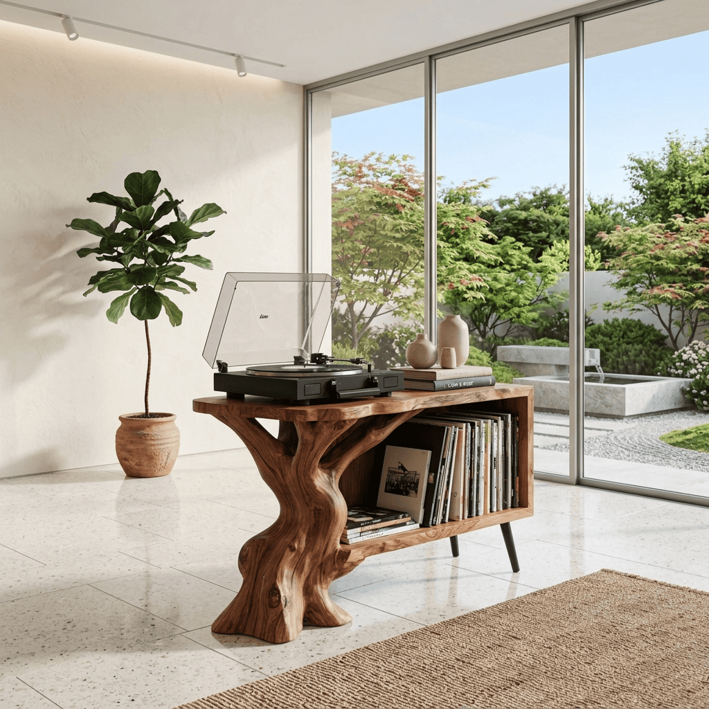 Sculptural Handcrafted Live Edge Tree Trunk Solid Wood Vinyl Record Player Stand & Media Console