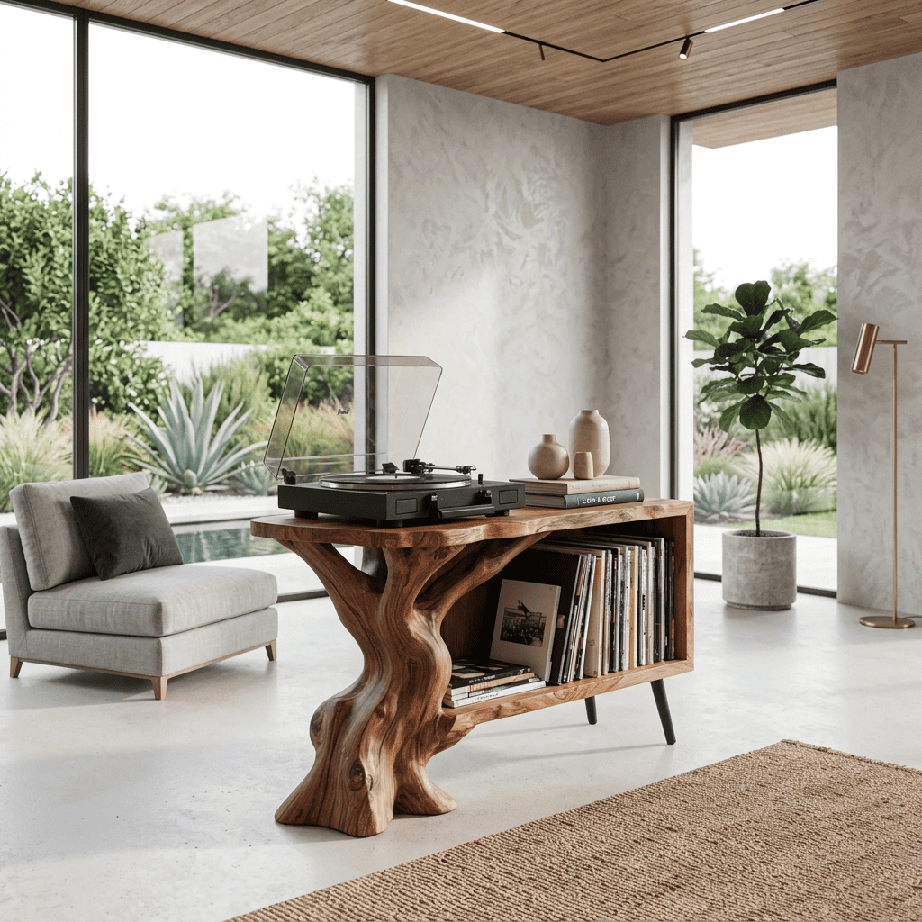 Sculptural Handcrafted Live Edge Tree Trunk Solid Wood Vinyl Record Player Stand & Media Console