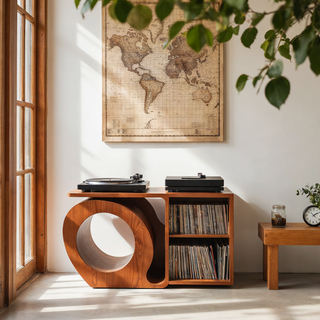 Sculptural Handcrafted Solid Wood Vinyl Record Storage Console With Circular Tunnel Base