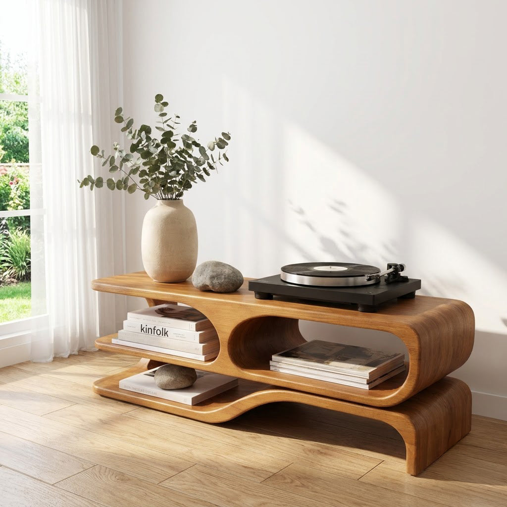 Sculptural Handcrafted Wave Solid Wood Turntable Stand & Low-Profile Audio Console