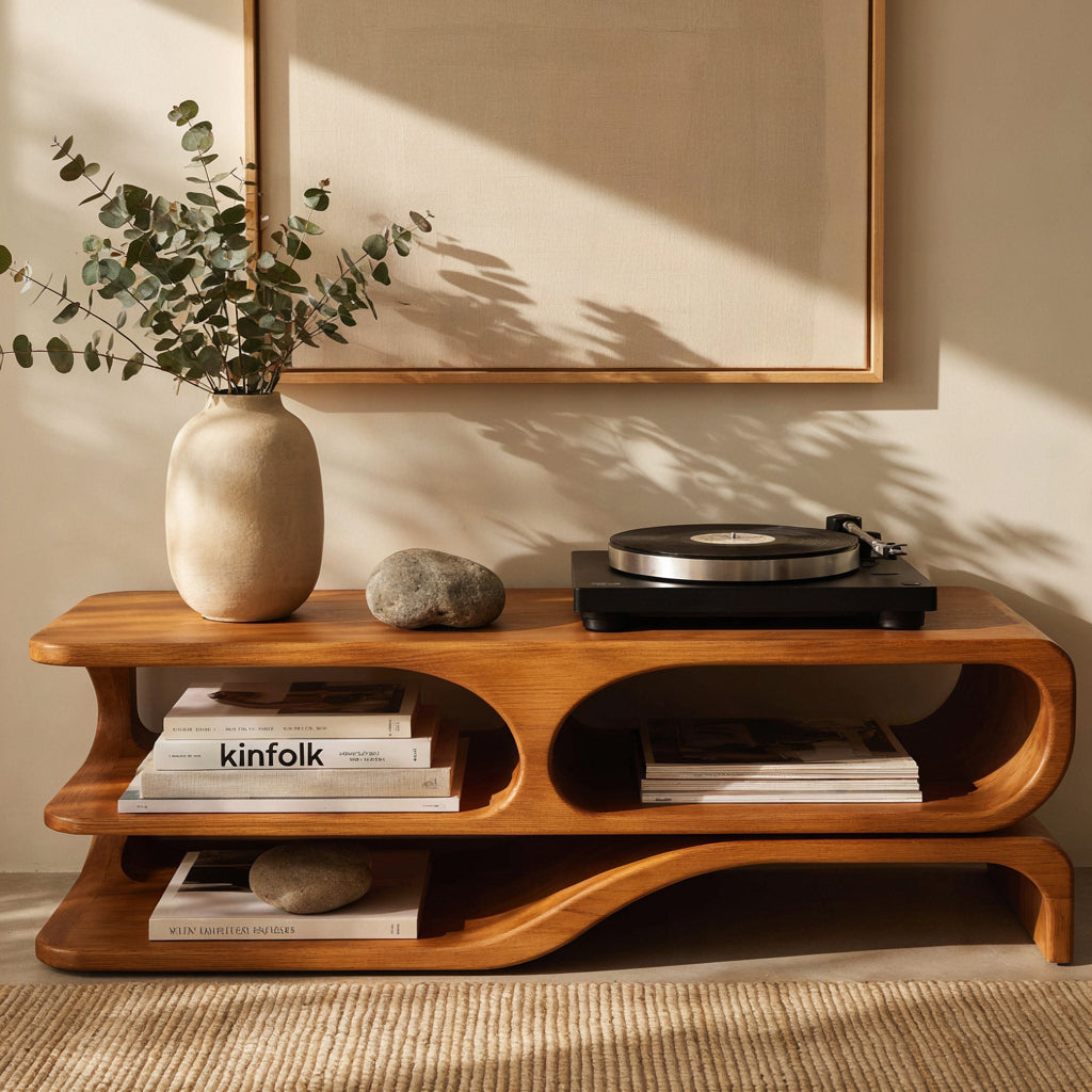 Sculptural Handcrafted Wave Solid Wood Turntable Stand & Low-Profile Audio Console