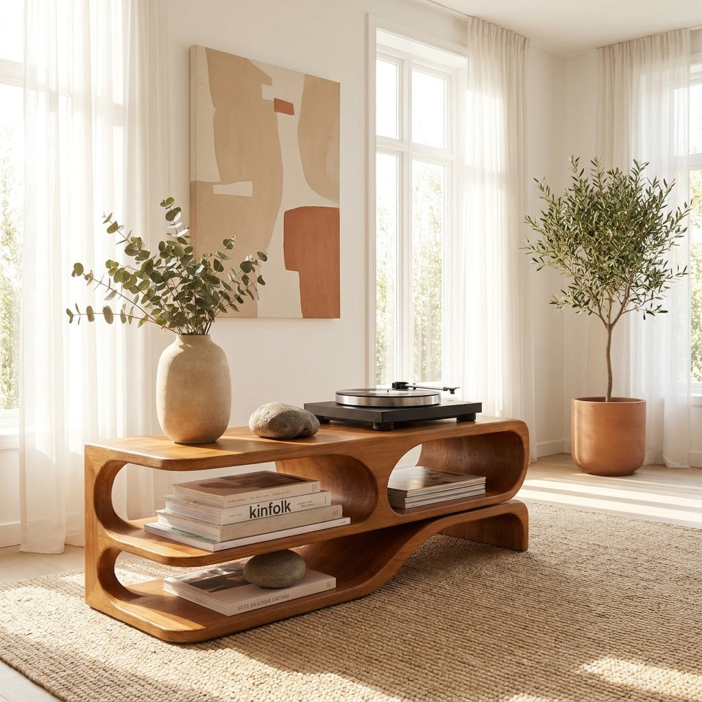 Sculptural Handcrafted Wave Solid Wood Turntable Stand & Low-Profile Audio Console