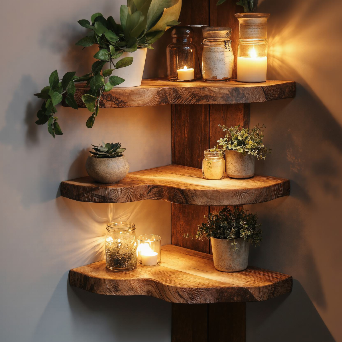Corner Floating Shelf, Custom Size Live Edge Wood Wall Shelf