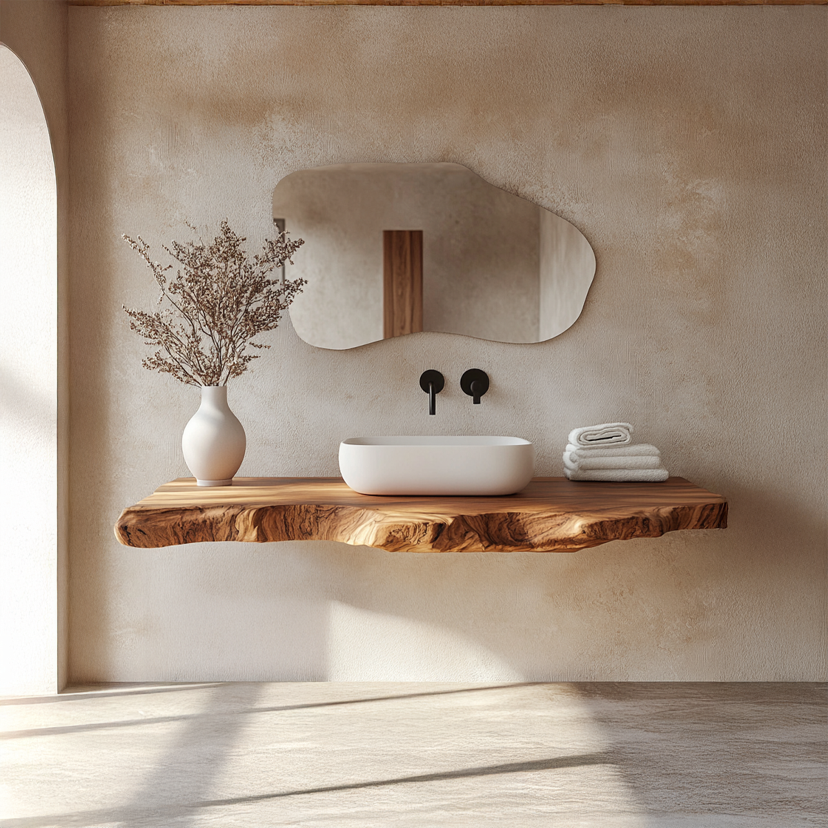 Contemporary Spa Bathroom Vanity Floating Live Edge Wood Counter