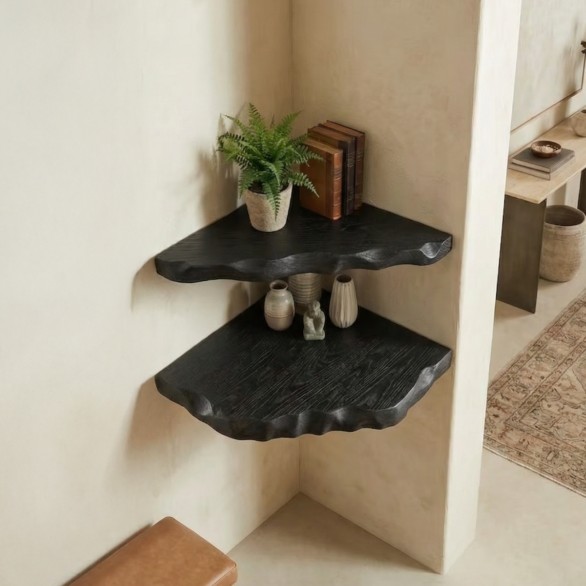 Corner Shelf, Black Rustic Solid Wood Wall Mounted Display Rack