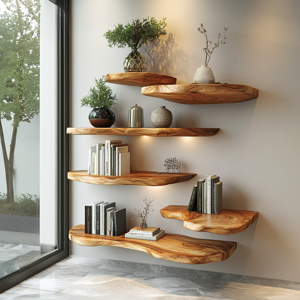 Live Edge Wall Shelf, Rustic Natural Wood Floating Ledge for Bedroom