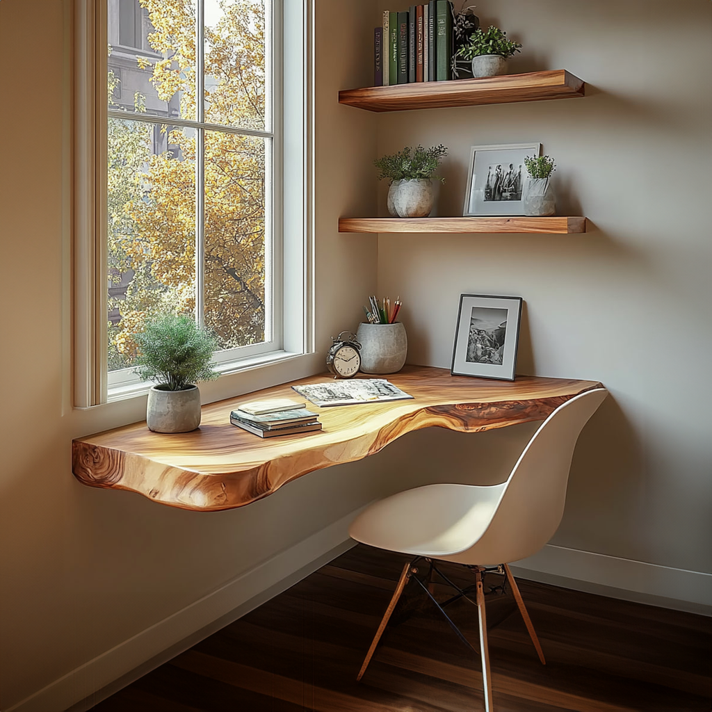 Floating Desk, Rustic Wall Mounted Solid Wood Slab for Study Space
