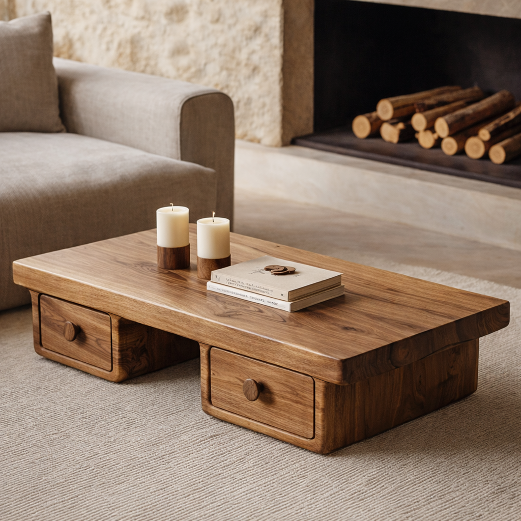Compact Storage Solid Wood Coffee Table Cozy Living Room Interior