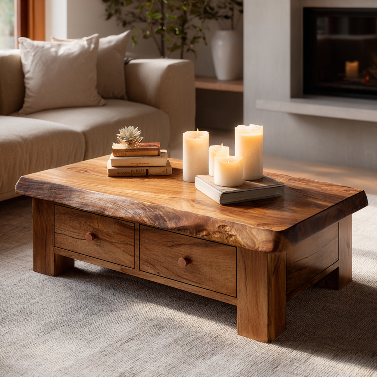 Classic Drawer Solid Wood Coffee Table Warm Modern Living Room Interior