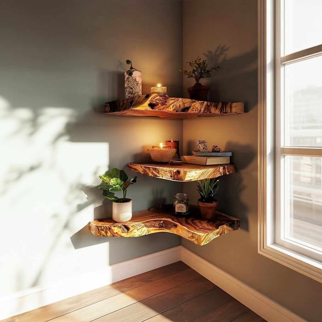 Rustic Corner Wall Shelf, Live Edge Hardwood Slab for Kitchen or Nook