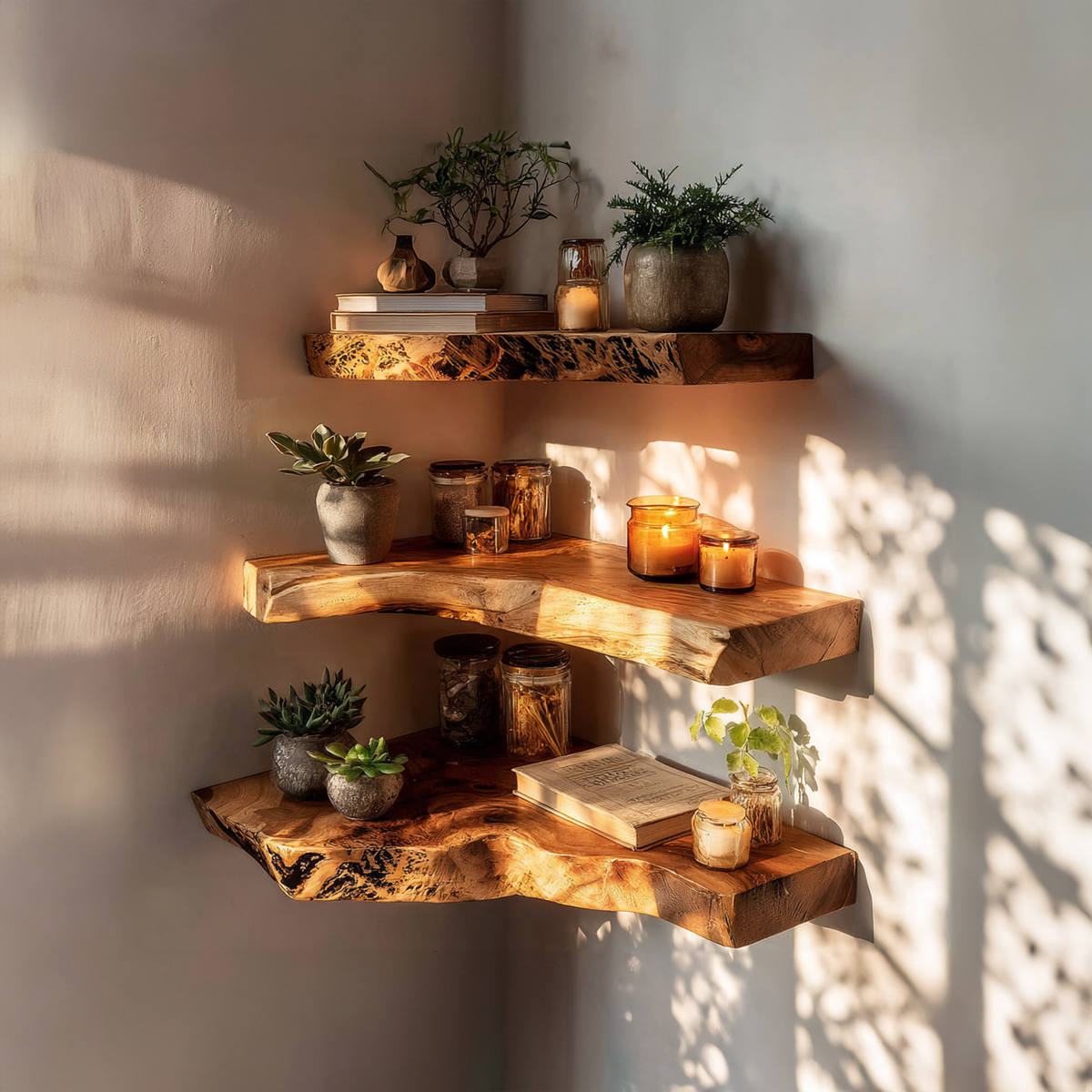 Corner Shelf, Live Edge Tamarind Wood Floating Display for Bathroom
