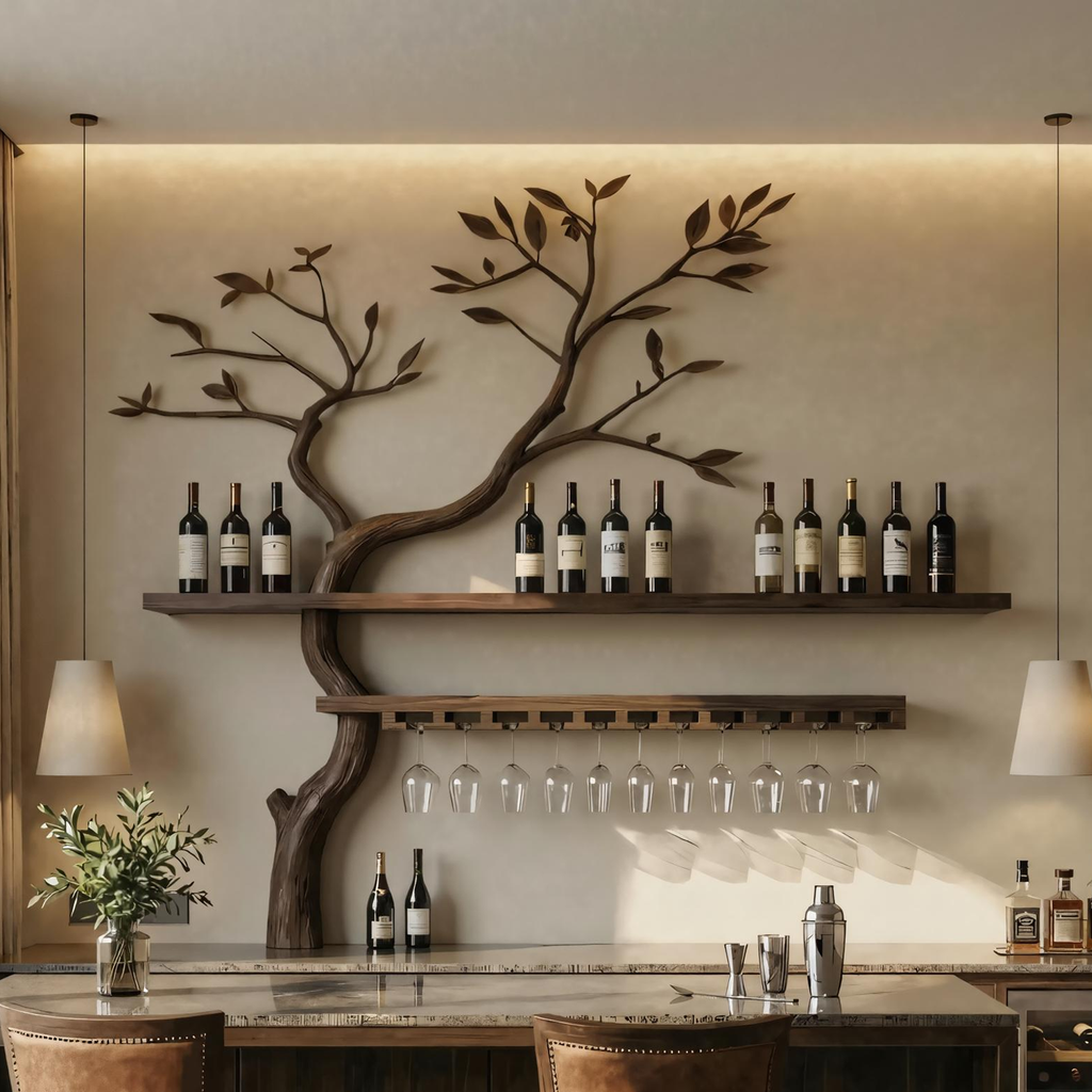 Artistic Tree Shaped Wooden Wall Wine Rack Bar Bottle Display Shelf Restaurant Bar Decor