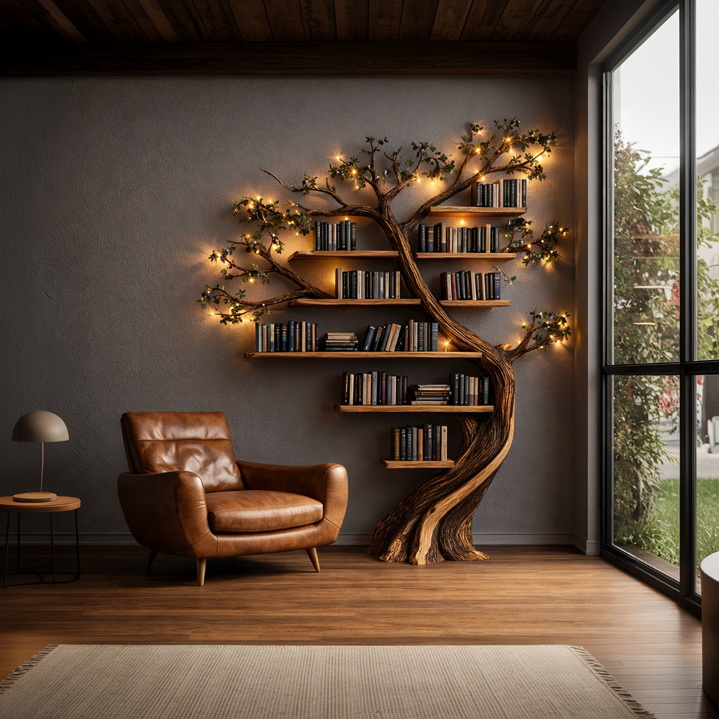 Tree Bookshelf, Rustic Branch Wall Mounted Bookcase for Living Room