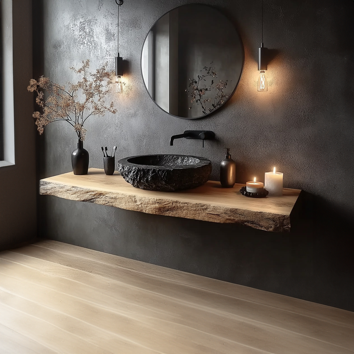 Wall Mounted Live Edge Vanity Shelf, Rustic Powder Room Wood Counter