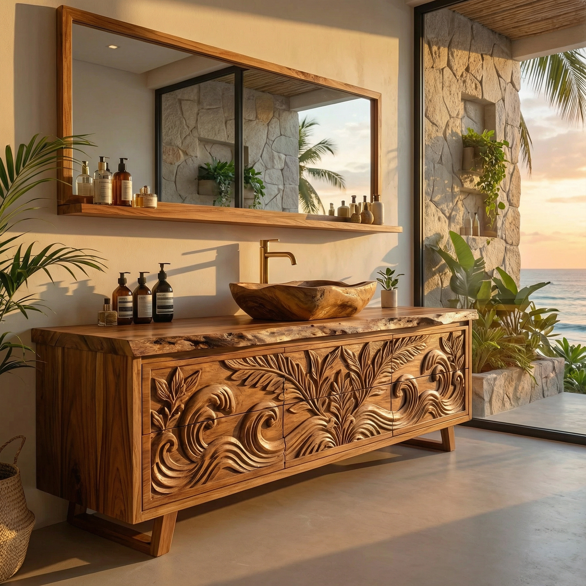 Luxury Tropical Hand Carved Solid Wood Bathroom Vanity Statement Cabinet