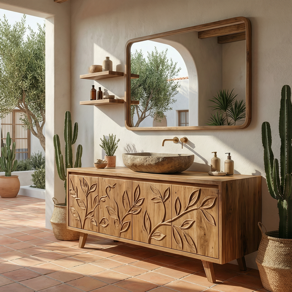 Mediterranean Solid Wood Bathroom Vanity Floral Carved Freestanding Cabinet