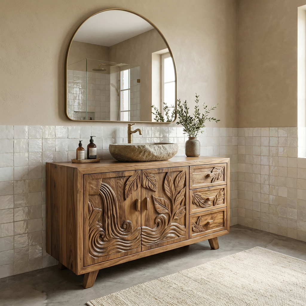 Bohemian Solid Wood Bathroom Vanity Leaf Carved Storage Cabinet
