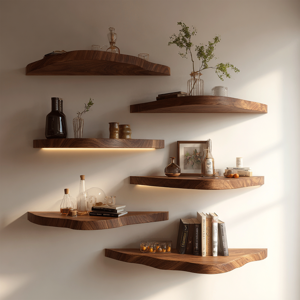 Asymmetrical Solid Wood Floating Shelves Organic Wall Display Interior Decor