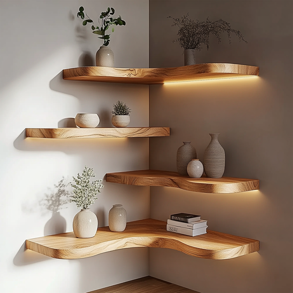 Corner Solid Wood Floating Shelves Organic Layered Wall Display Interior Decor