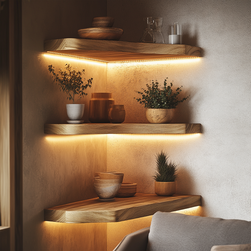 Layered Corner Wall Shelf, Warm Minimal Solid Wood Floating Display