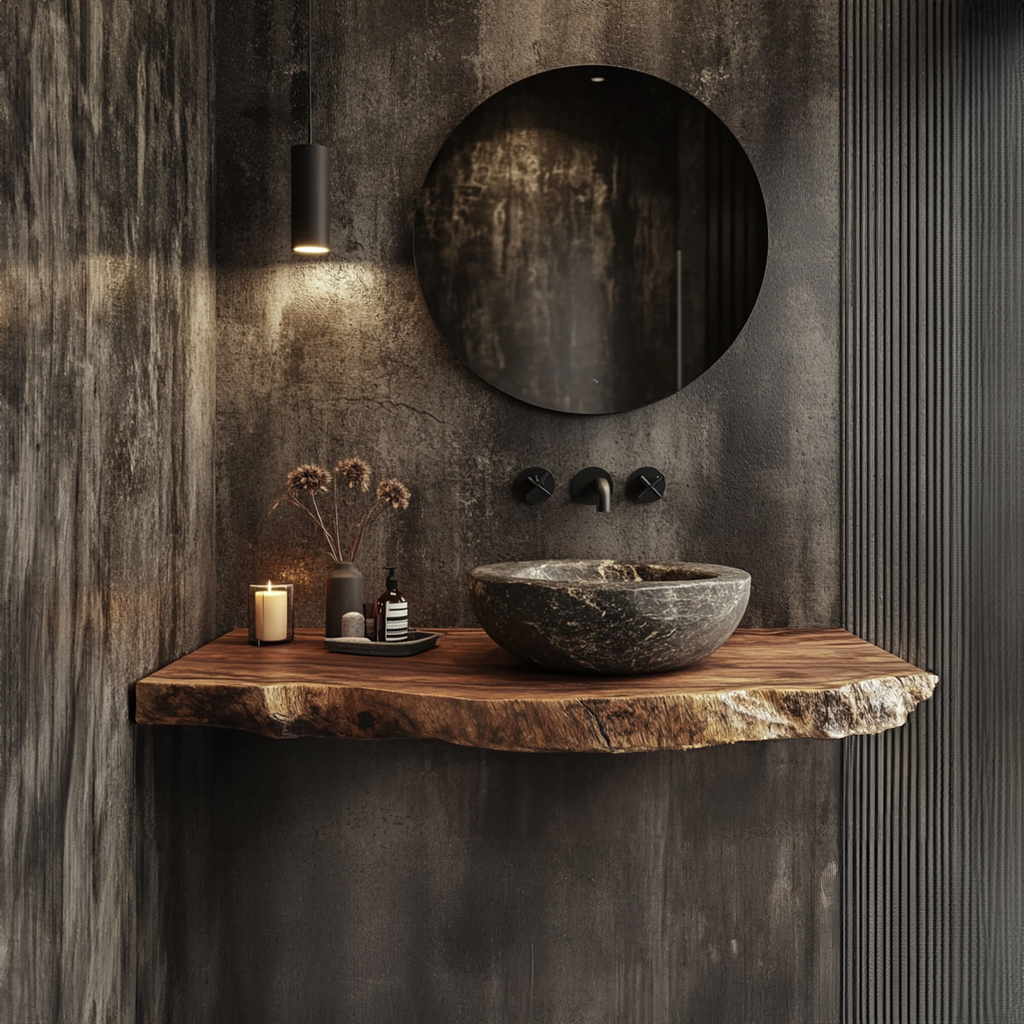Floating Bathroom Vanity, Mid Century Live Edge Solid Wood Shelf