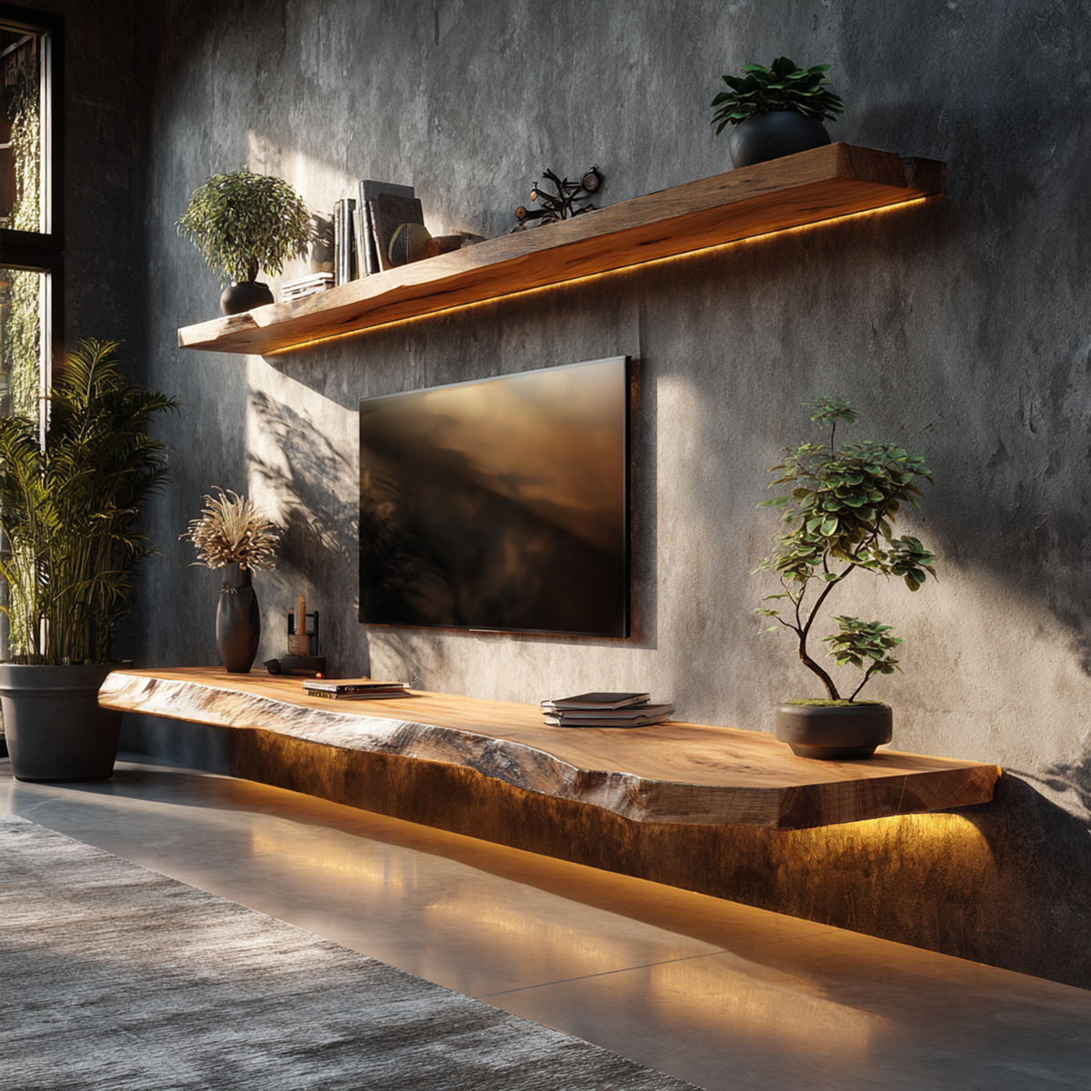 Handcrafted Live Edge Media Shelf Solid Wood Living Room Interior Architectural Feature