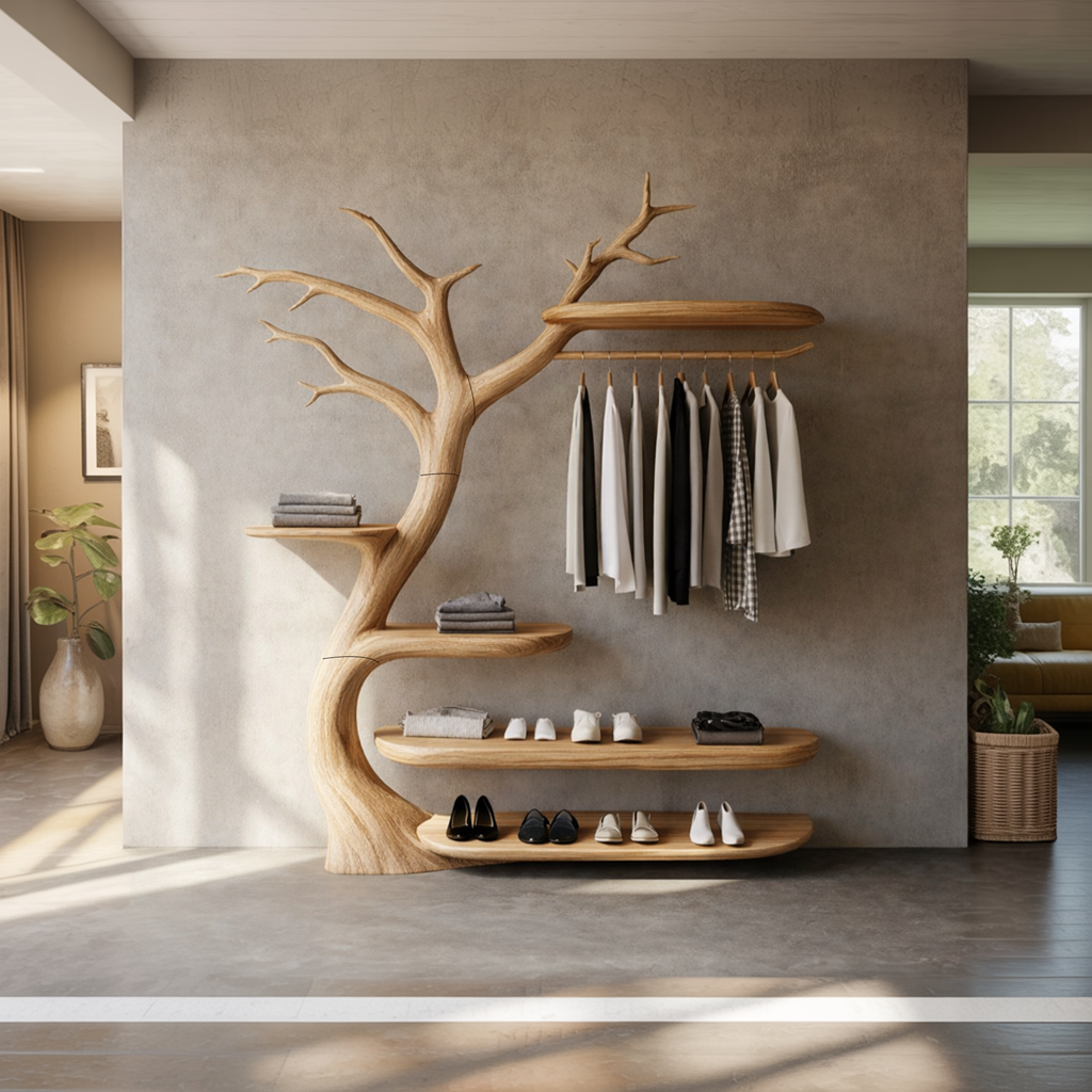 Handcrafted Wooden Tree Coat Rack Bedroom Space