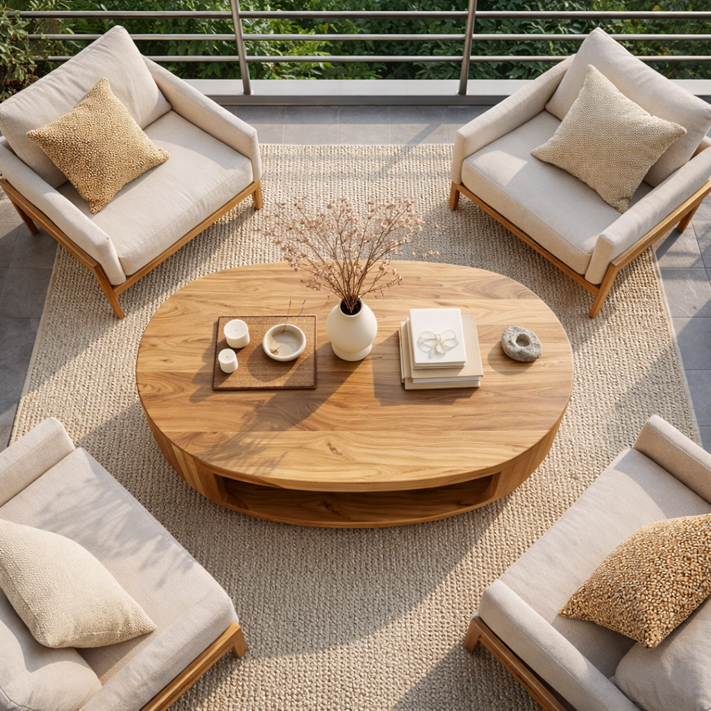 Curved Shell Solid Wood Coffee Table Calm Contemporary Living Room Interior