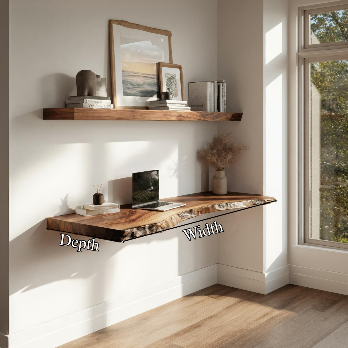 Live Edge Solid Wood Floating Desk Window Side Workspace Interior