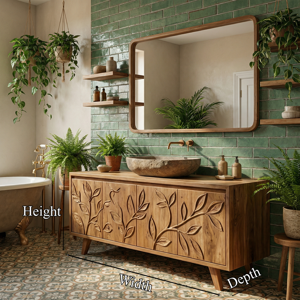 Mediterranean Solid Wood Bathroom Vanity Floral Carved Freestanding Cabinet