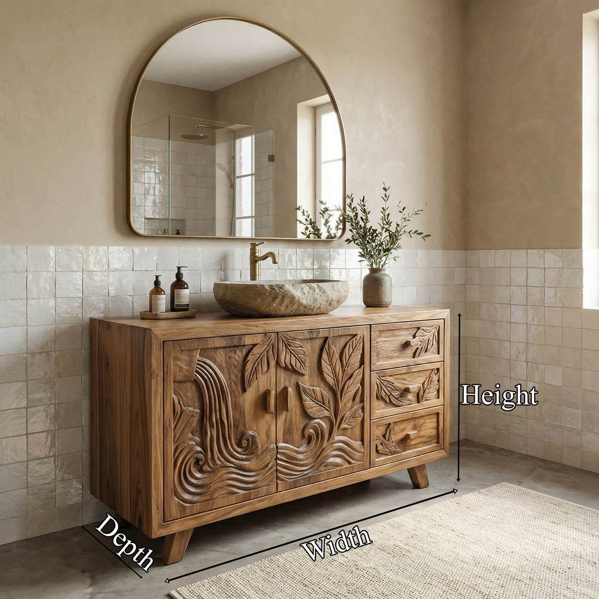 Bohemian Solid Wood Bathroom Vanity Leaf Carved Storage Cabinet