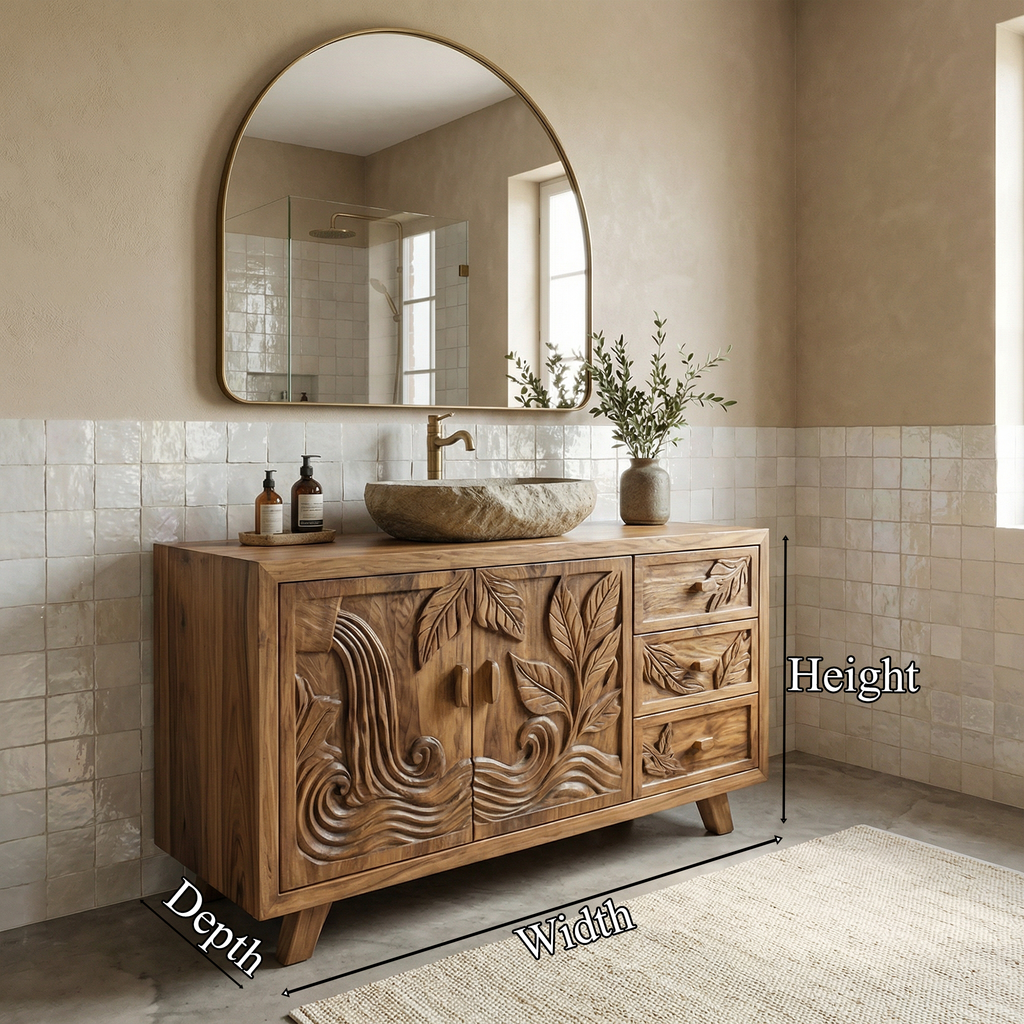 Bohemian Solid Wood Bathroom Vanity Leaf Carved Storage Cabinet