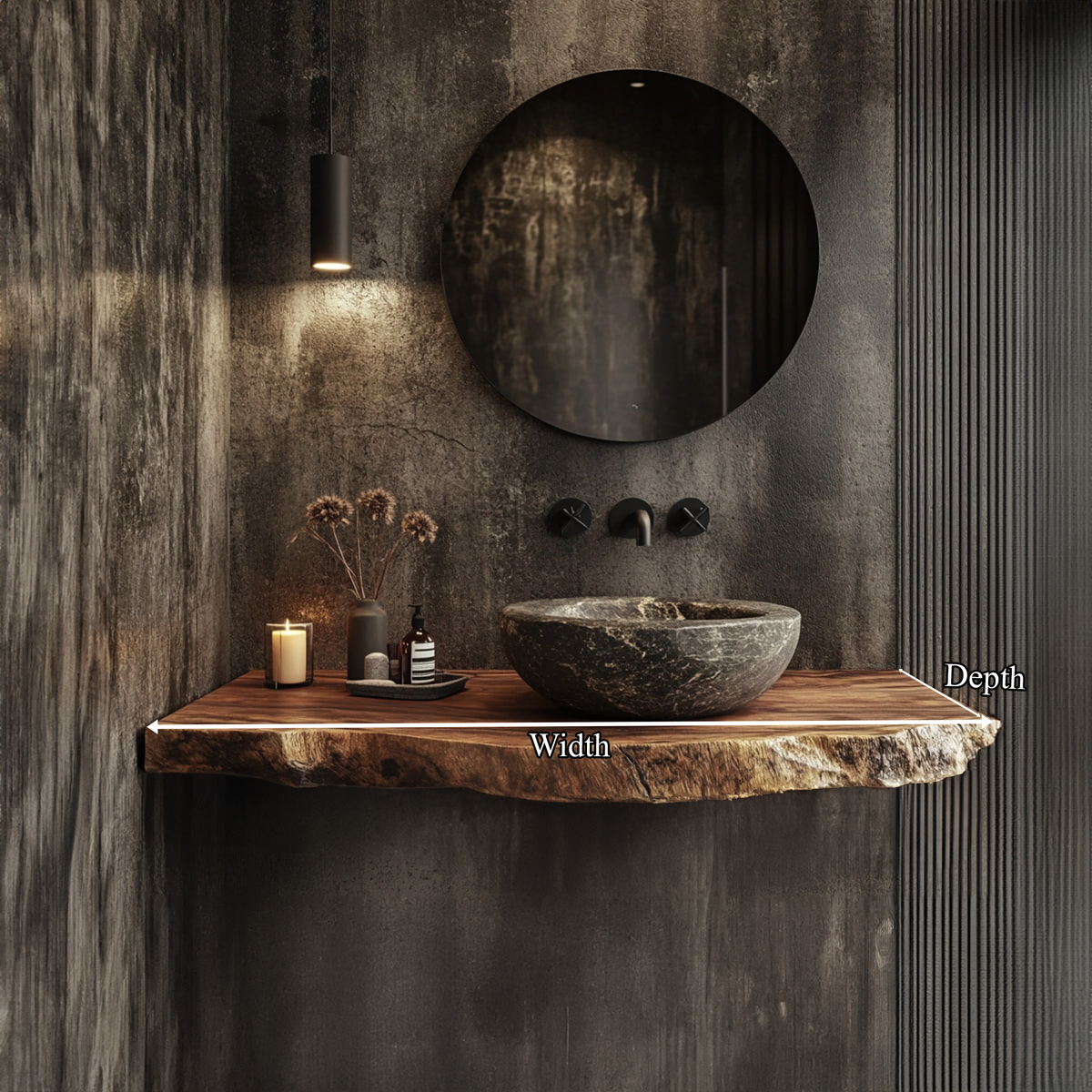 Floating Bathroom Vanity, Mid Century Live Edge Solid Wood Shelf