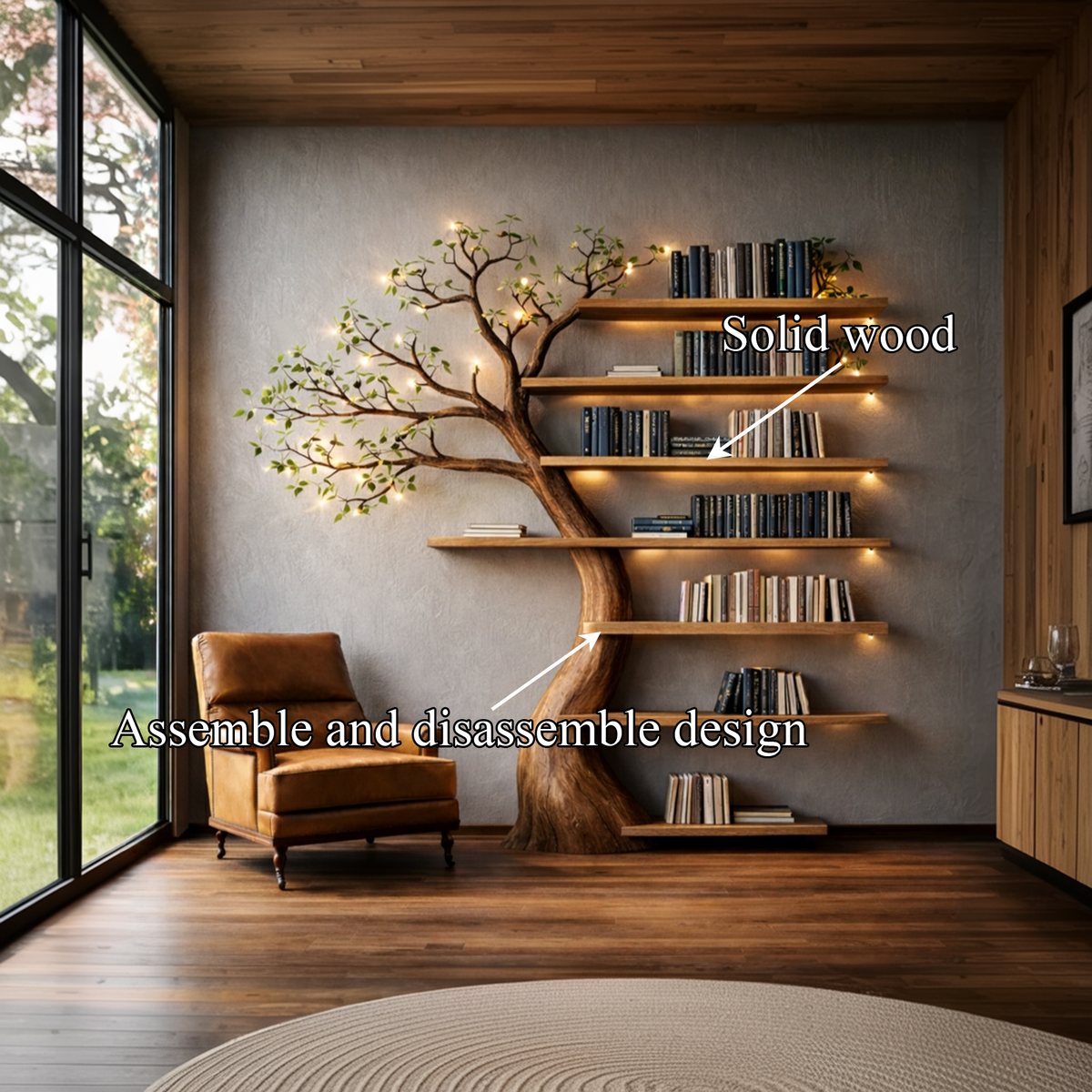 Handcrafted Tree Bookshelf Living Room Interior Sculptural Wall Display