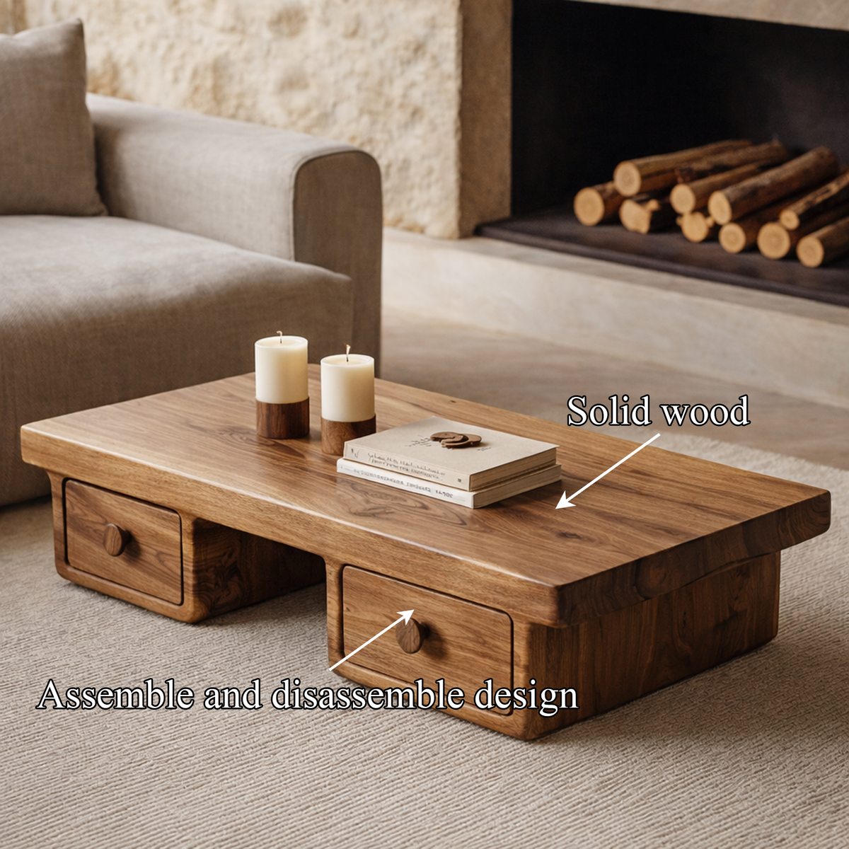 Compact Storage Solid Wood Coffee Table Cozy Living Room Interior