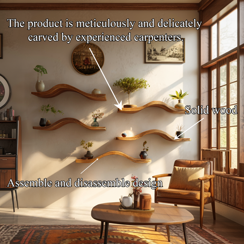 Curved Solid Wood Floating Shelves Organic Modern Living Room Interior