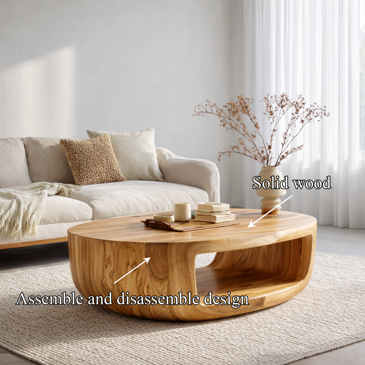 Curved Shell Solid Wood Coffee Table Calm Contemporary Living Room Interior