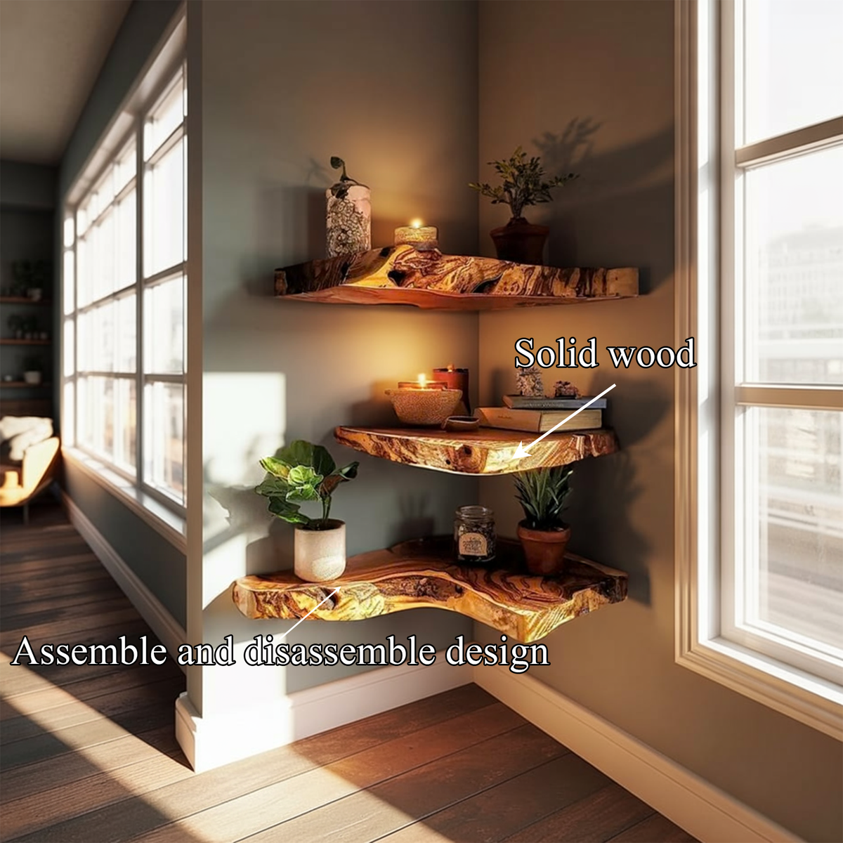 Rustic Corner Wall Shelf, Live Edge Hardwood Slab for Kitchen or Nook