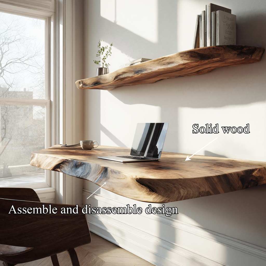 Live Edge Solid Wood Floating Desk Natural Home Office Interior