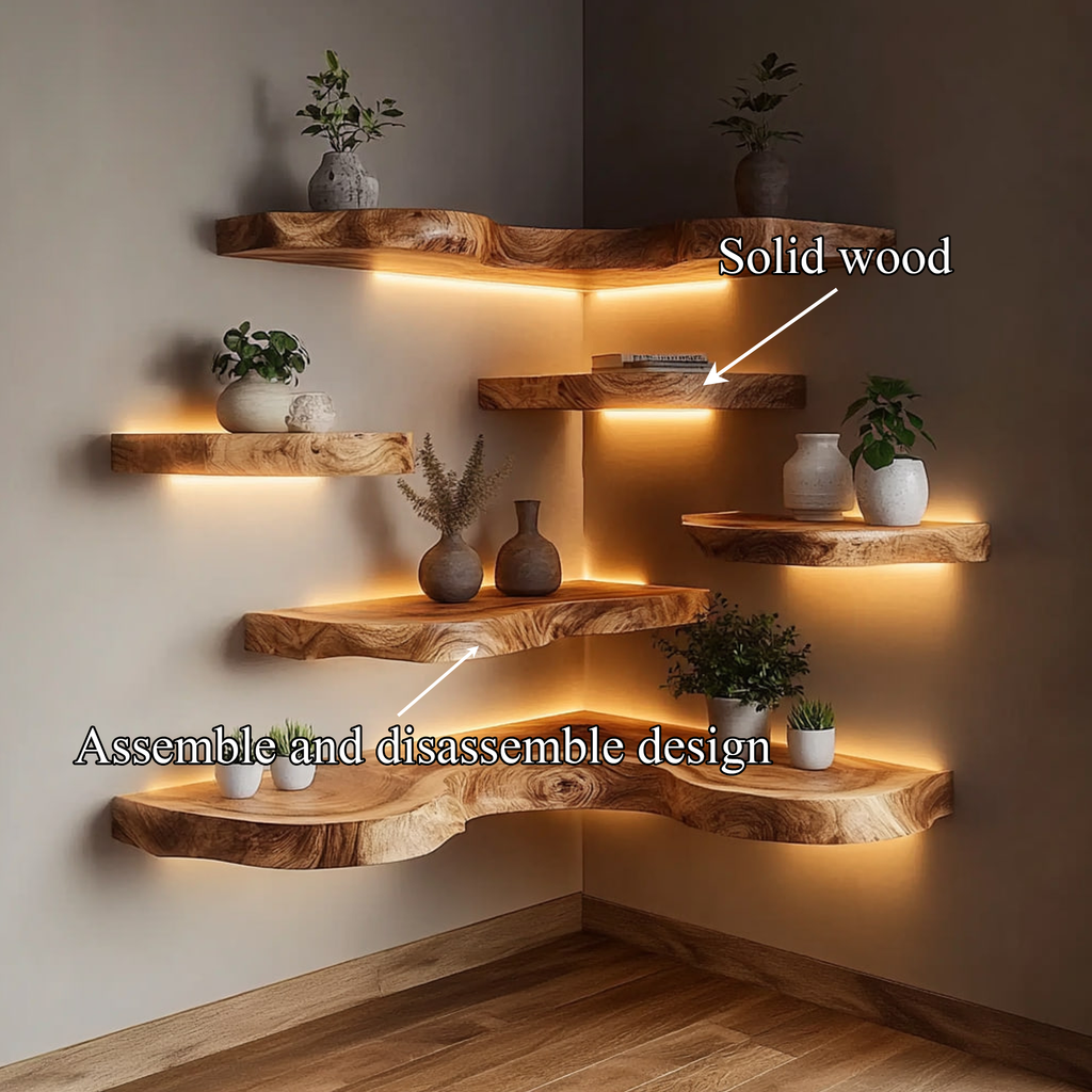 Floating Corner Shelf, Live Edge Hardwood Kitchen Corner Shelf