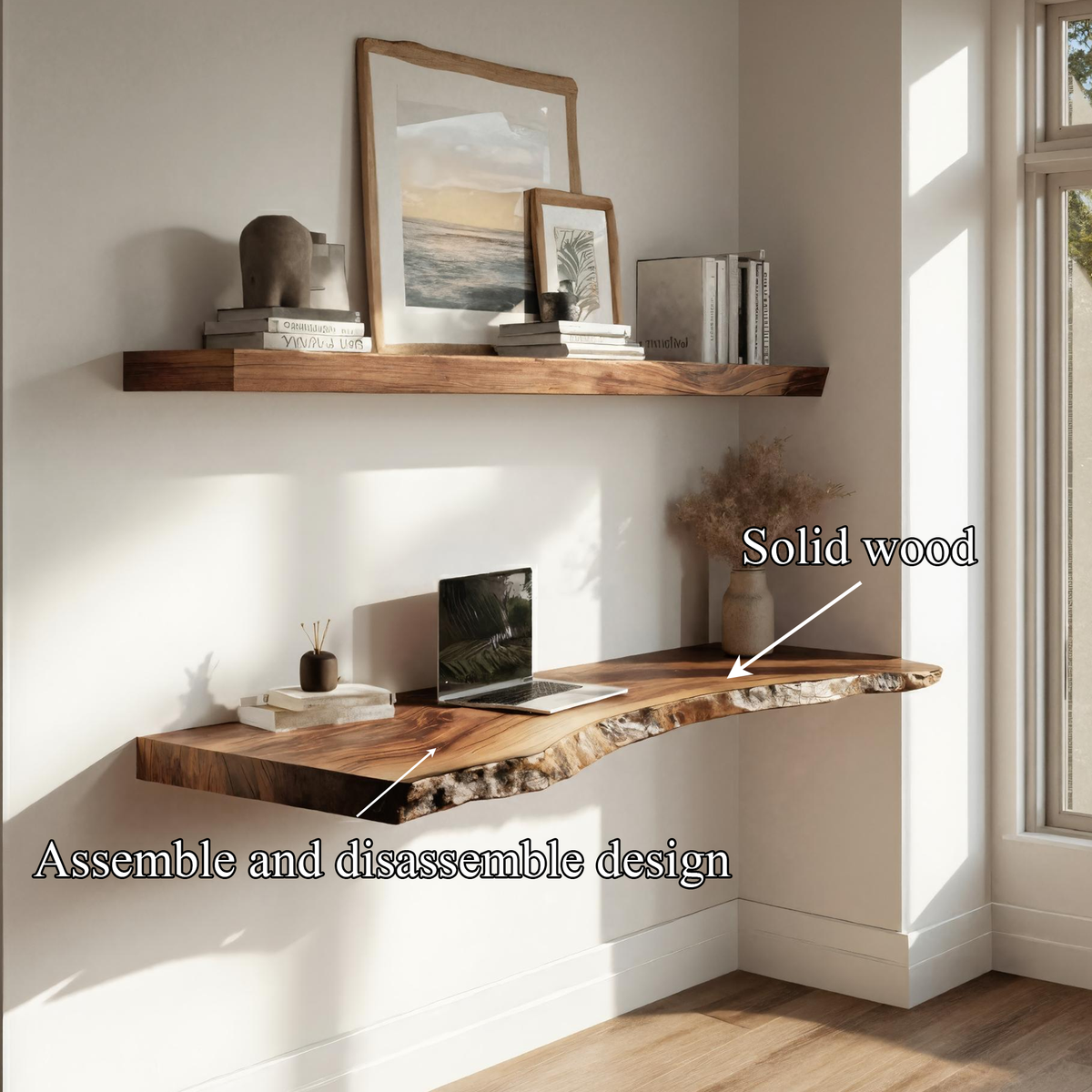 Live Edge Solid Wood Floating Desk Window Side Workspace Interior