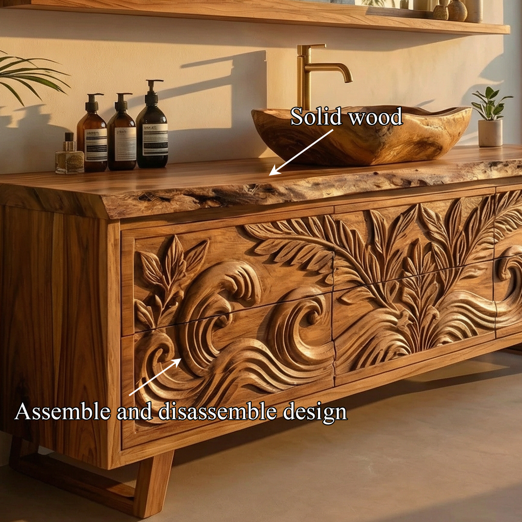 Luxury Tropical Hand Carved Solid Wood Bathroom Vanity Statement Cabinet