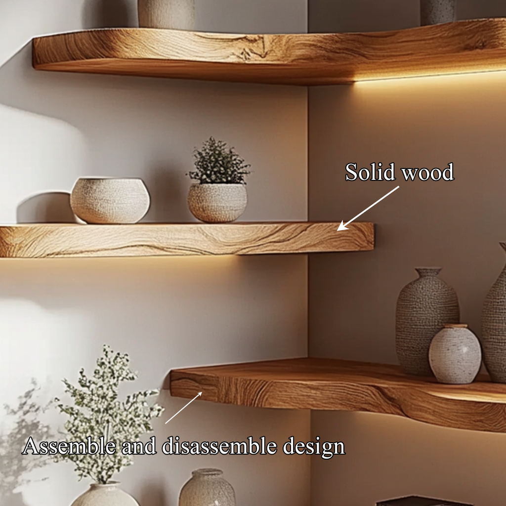 Corner Floating Shelf, Solid Wood Organic Layered Wall Display Shelf