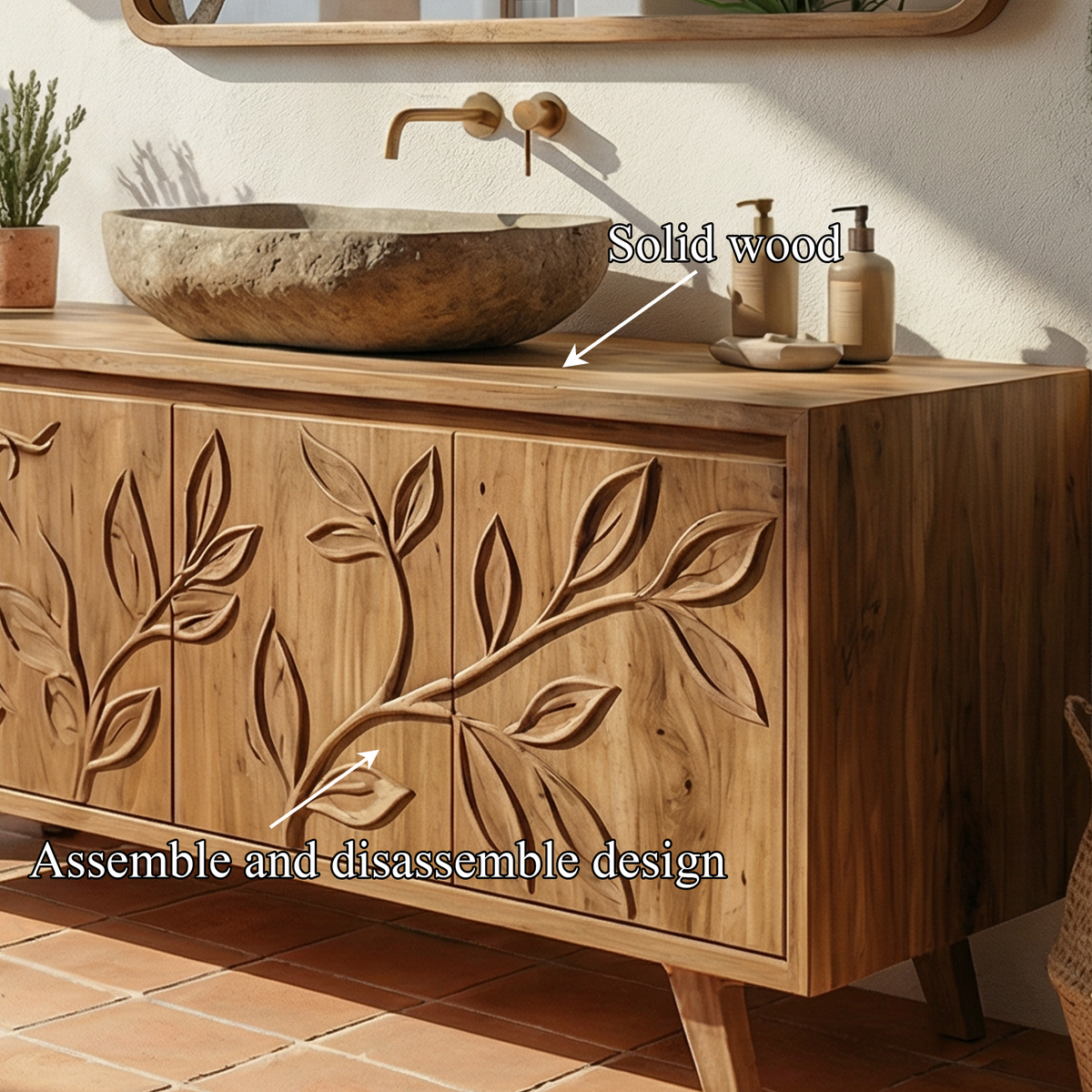 Mediterranean Solid Wood Bathroom Vanity Floral Carved Freestanding Cabinet
