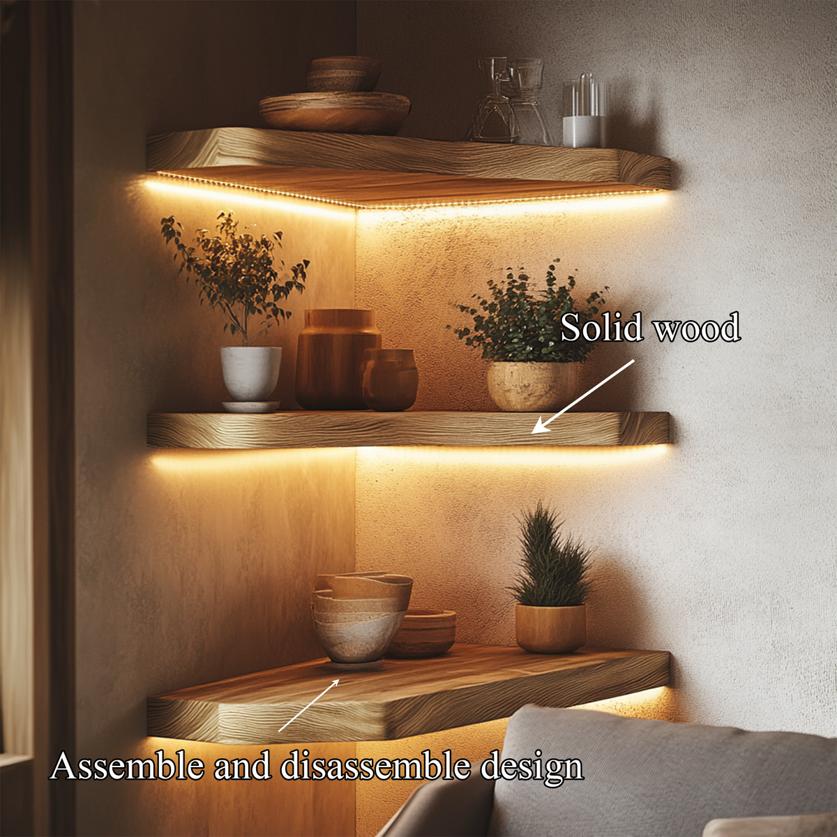 Layered Corner Wall Shelf, Warm Minimal Solid Wood Floating Display