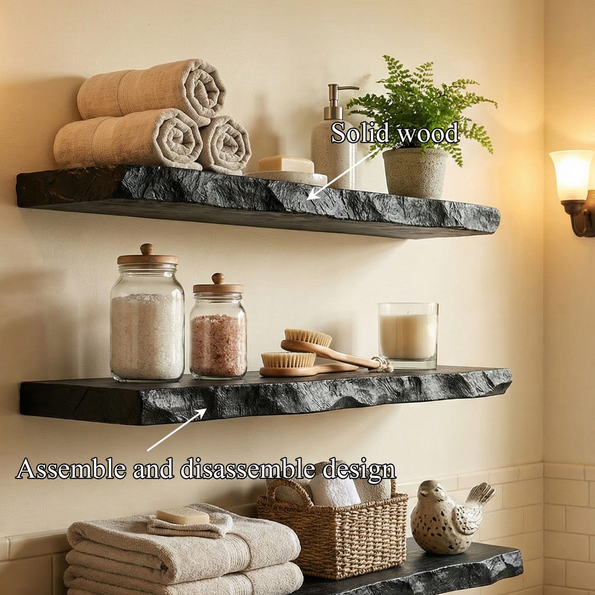 Floating Bathroom Shelf, Stone-Look Rustic Solid Wood Storage Rack