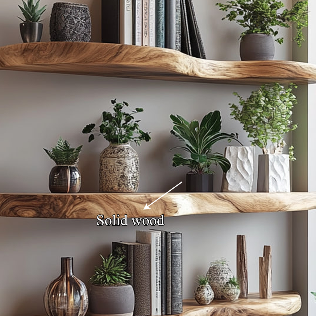 Floating Bookshelf, Rustic Live Edge Solid Wood for Living Room