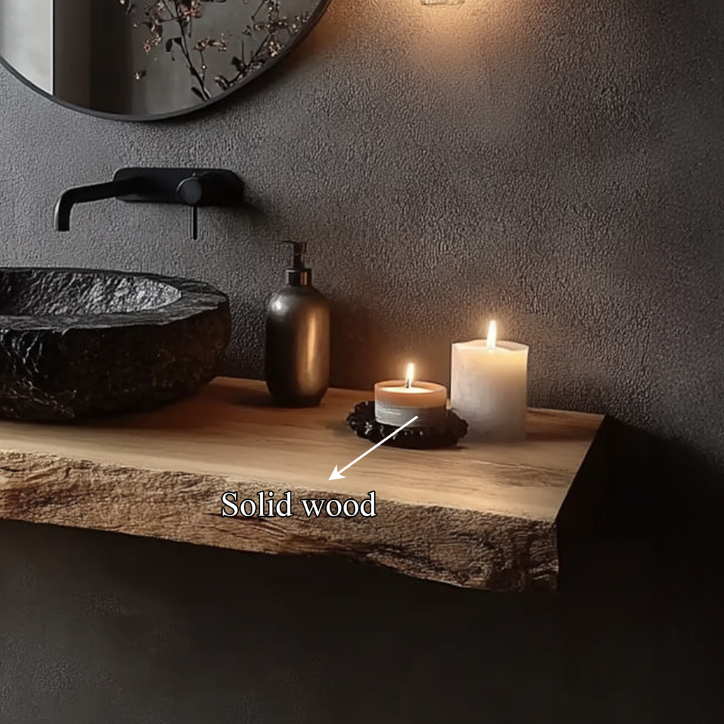 Wall Mounted Live Edge Vanity Shelf, Rustic Powder Room Wood Counter